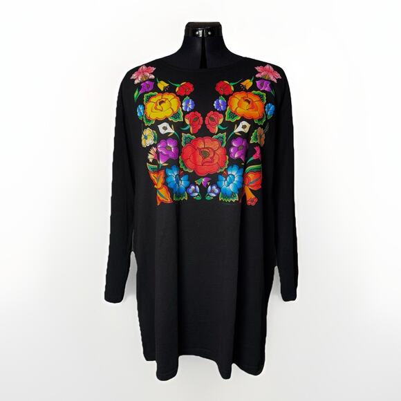 NWOT Sabaku Artwear Womens 1X Black 3/4 Sleeve FLOWER Shirt Huipil Southwest Art - Picture 1 of 10